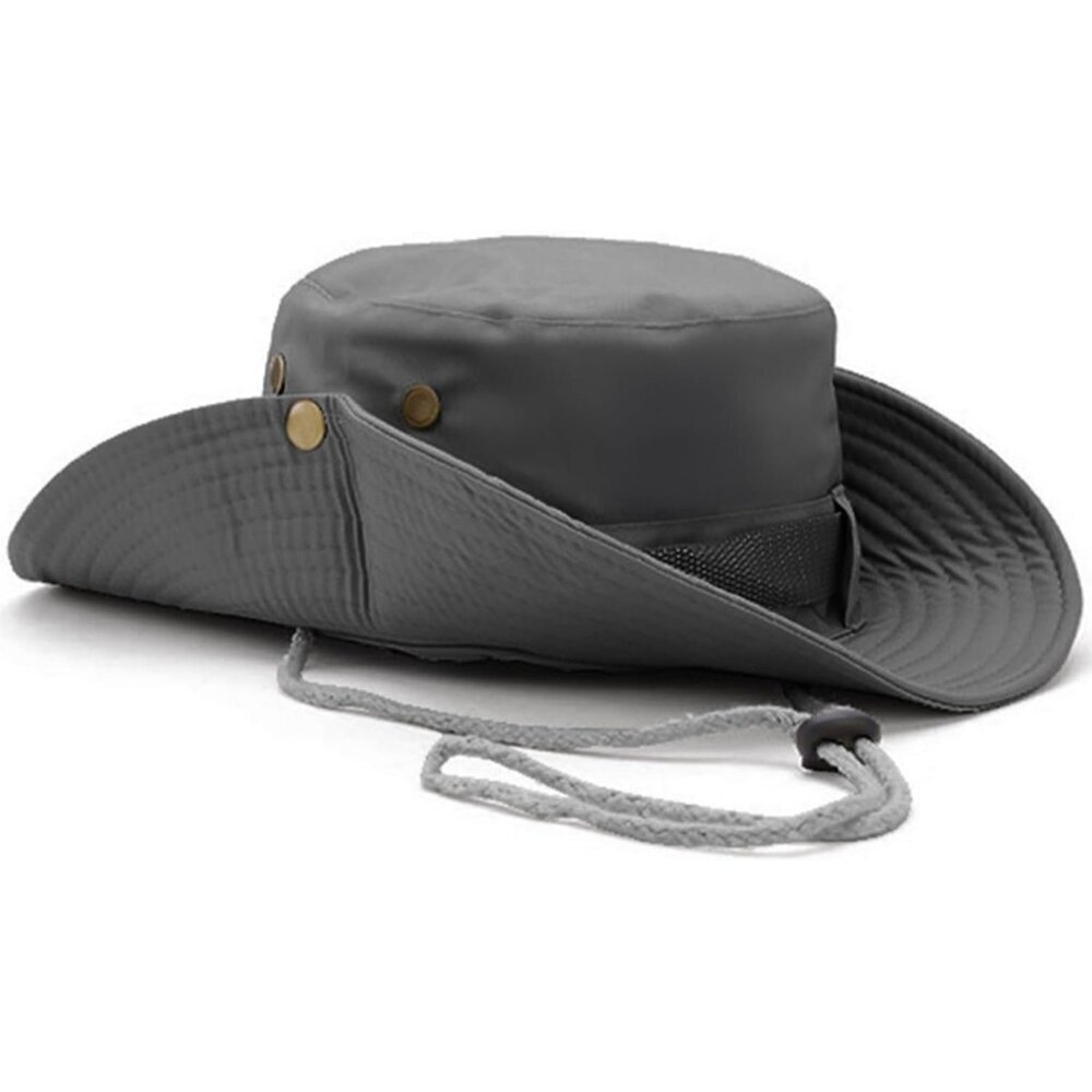 Unisex Dark Grey 100% Cotton Wide Brim Boonie With Chin Strap Classic Bucket Hat
